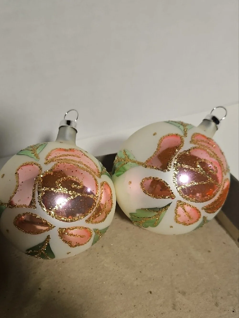 Hand-Painted Pink Floral Glass Christmas Ornaments - Mixed Set of 7